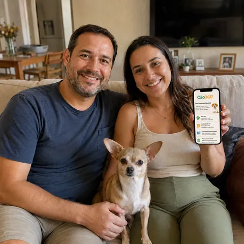 Tutora com seu cão usando o Cão360 no celular