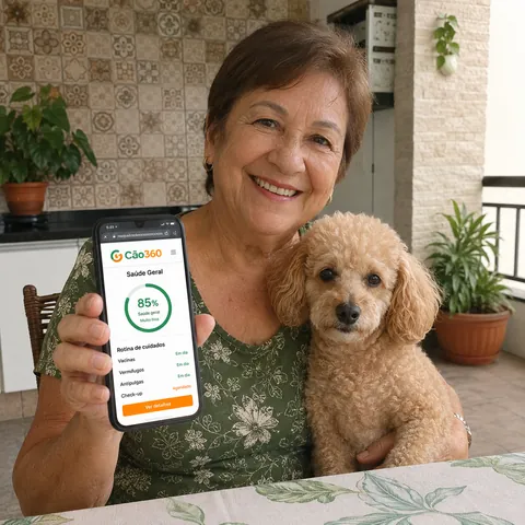 Tutora com seu cão e o Cão360 no celular