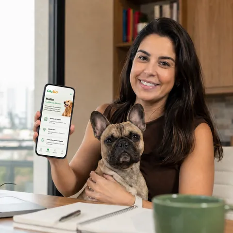 Tutora idosa mostrando o Cão360 ao lado do seu cão