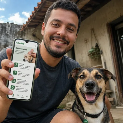 Tutor com seu cão e o Cão360 no celular